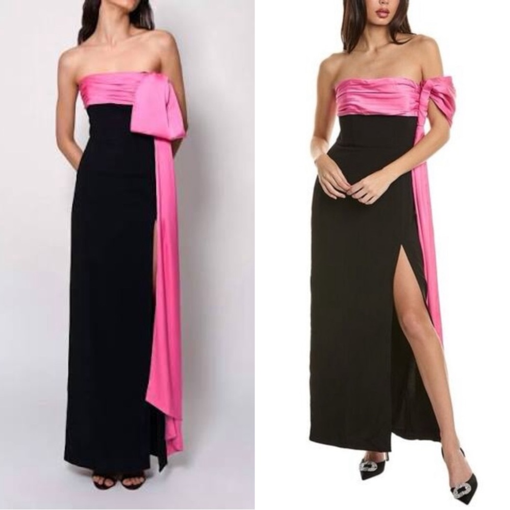HUTCH NWT BLOGGER Black Pink Satin Drape Strapless Column Maxi Dress Serina Gown - Picture 4 of 17